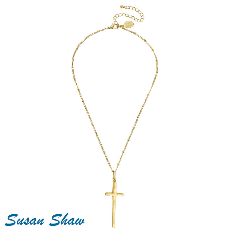 Susan Shaw Gold Long Cross On Bead Chain Necklace