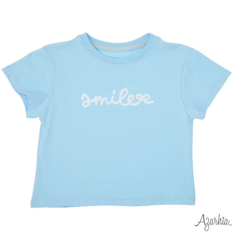 Azarhia Blue Sequin Smile Boxy T-Shirt