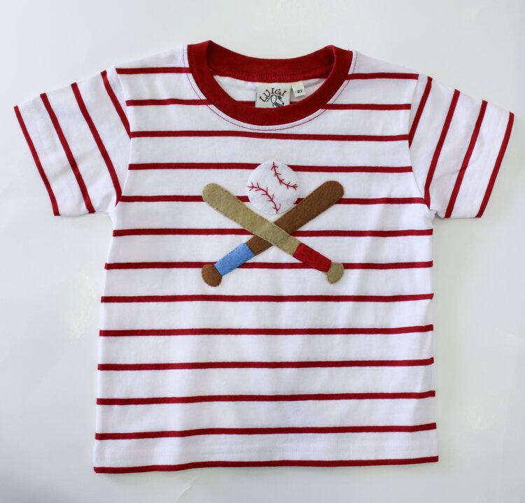 Luigi Kids Red Stripe Baseballs and Bats Shirt