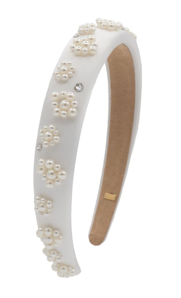 Bari Lynn Flower Pearl Thin Satin Headband