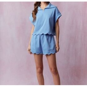 Peach Love Blue Terry Scalloped Hem Shorts
