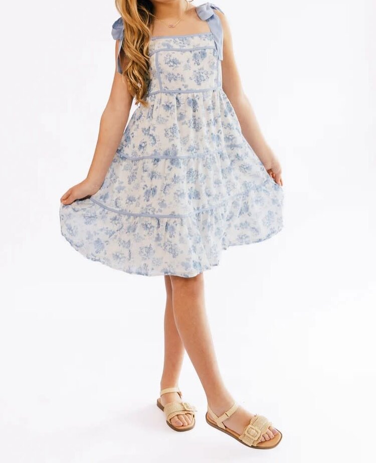 Peach Love Blue Floral Tie ShoulderDress