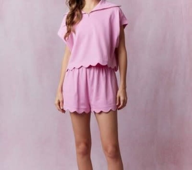 Peach Love Pink Terry Scalloped Hem Dolman Sleeve Top