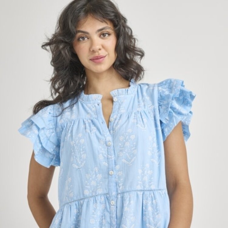 Pink Chicken womens kalani ruffle dress - blue dewdrop block print