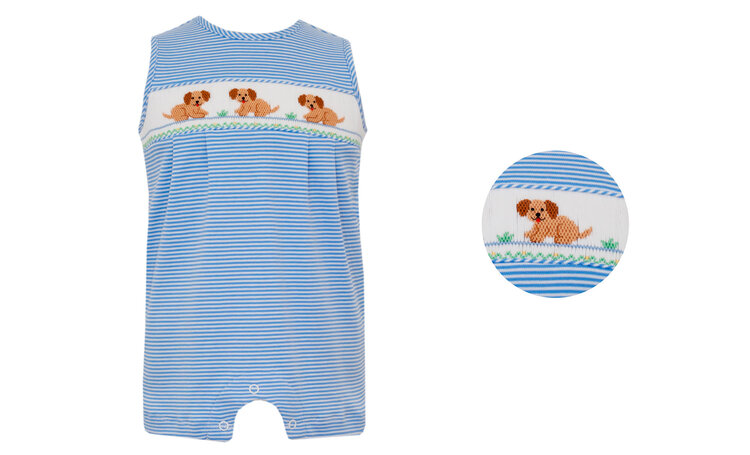 Petit Bebe Blue Stripe Garden Puppies Jon Jon