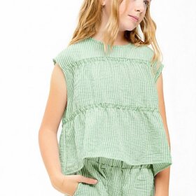Good Girl Sage Stripe Sleevless Tiered Ruffle Top