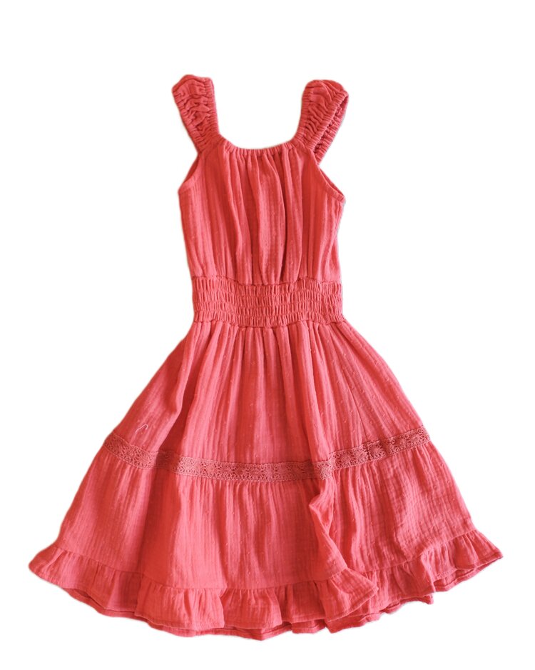 Coral Swiss Dot Ruffle Hem Dress