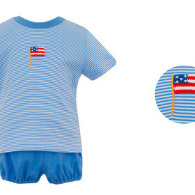 Petit Bebe Blue Stripe Flag Gathered Short Set