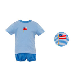 Petit Bebe Blue Stripe Flag Gathered Short Set