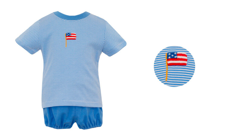 Petit Bebe Blue Stripe Flag Gathered Short Set