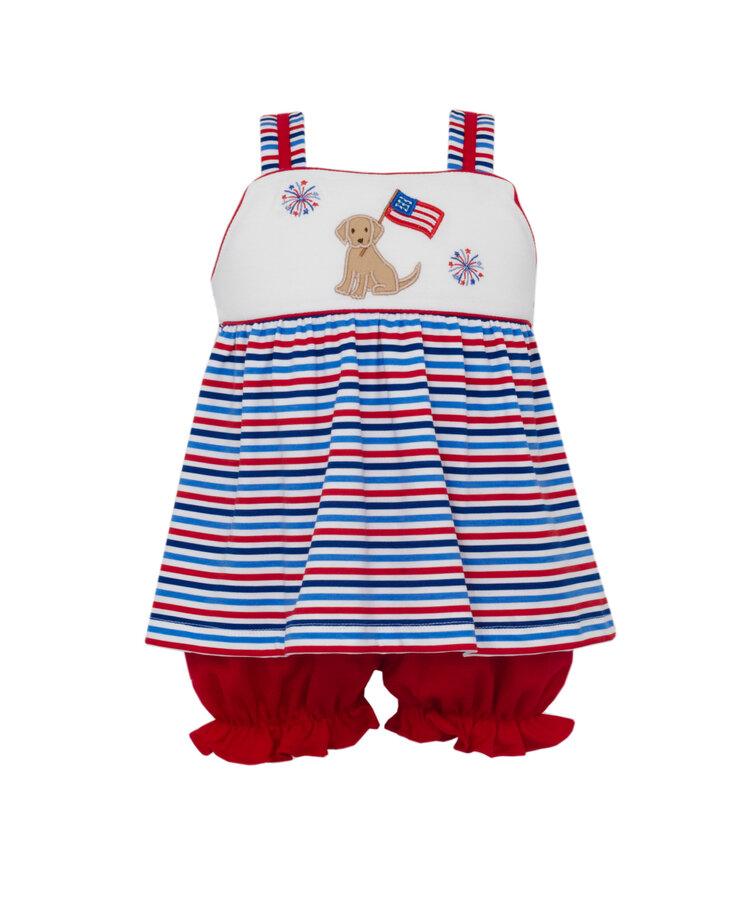 Claire & Charlie Patriotic Stripe Dog w/Flag Ruffle Bloomer Set