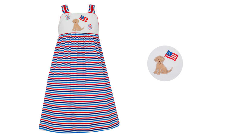 Claire & Charlie Patriotic Stripe Dog w/Flag Sundress