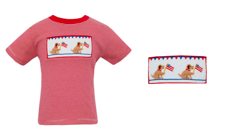 Anavini Red Stripe Smocked Flag Puppy Shirt