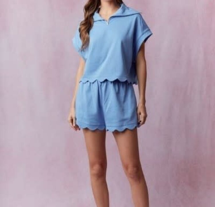 Peach Love Blue Terry Scalloped Hem Shorts