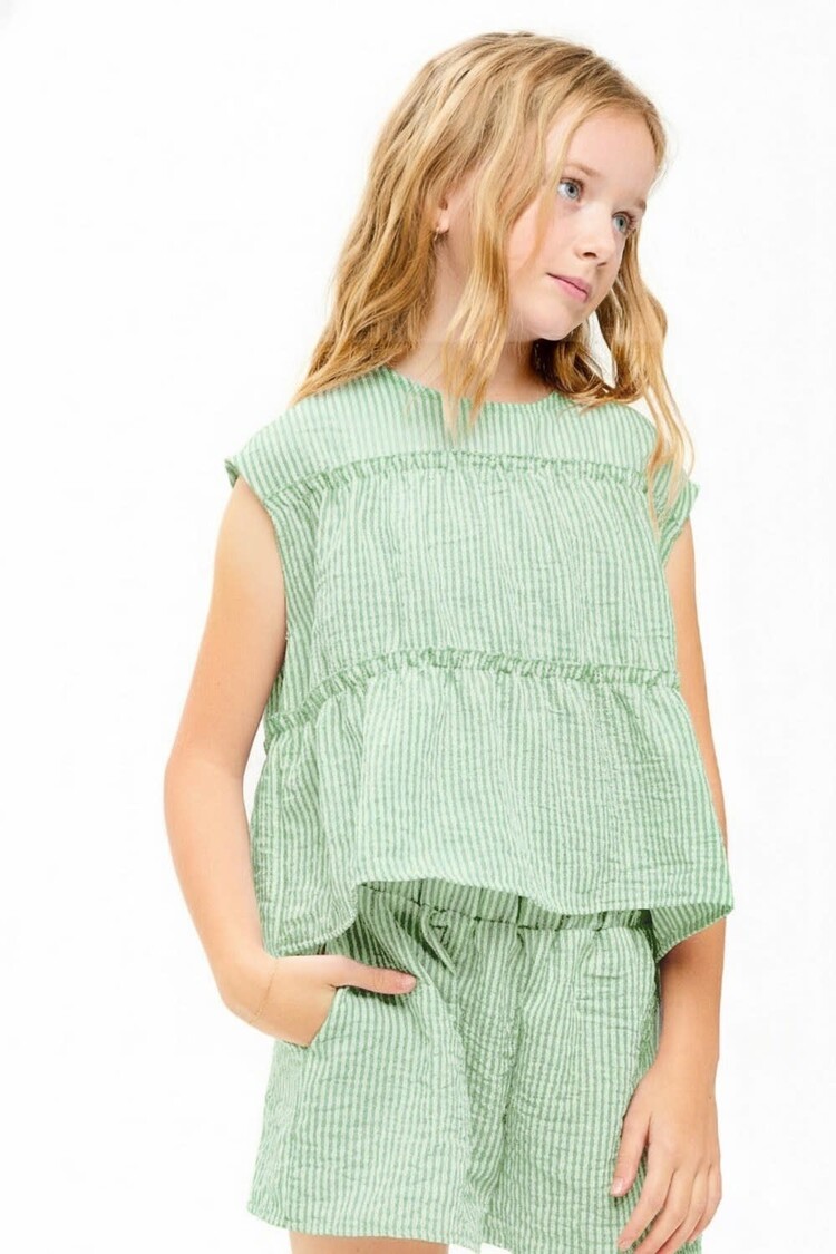 Good Girl Sage Stripe Sleevless Tiered Ruffle Top
