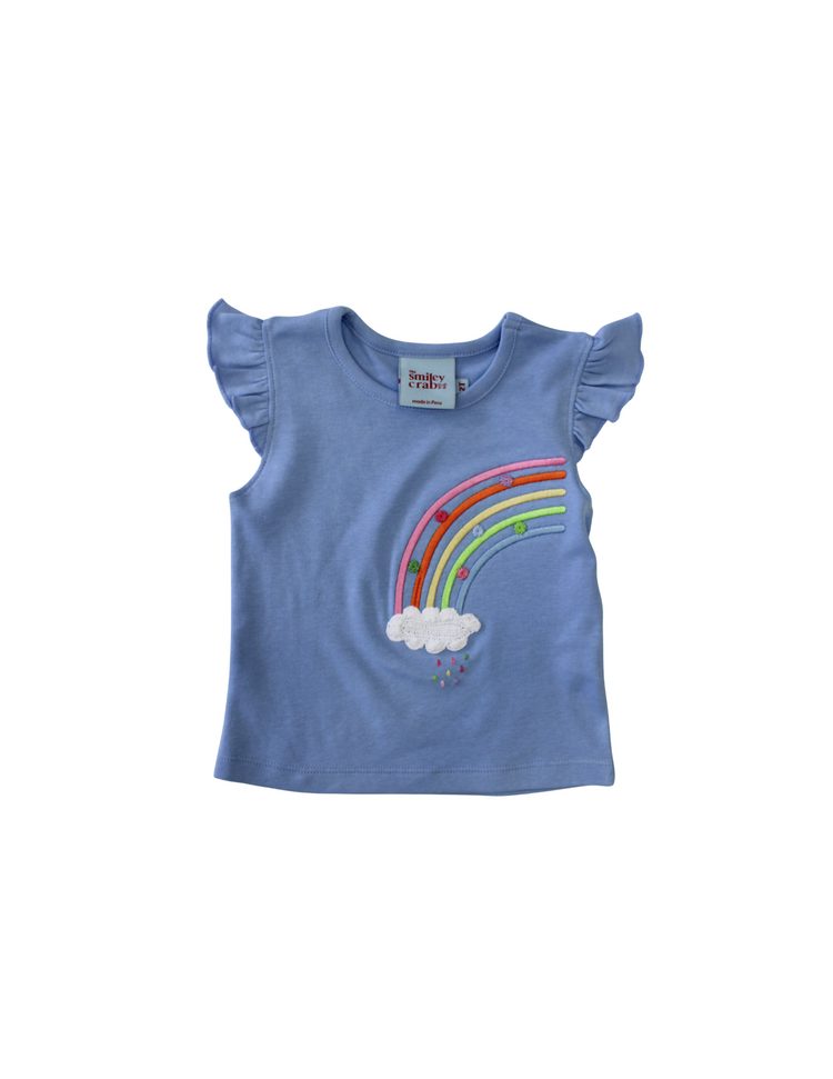 The Smiley Crab Blue Flutter Sleeve Rainbow Shirt