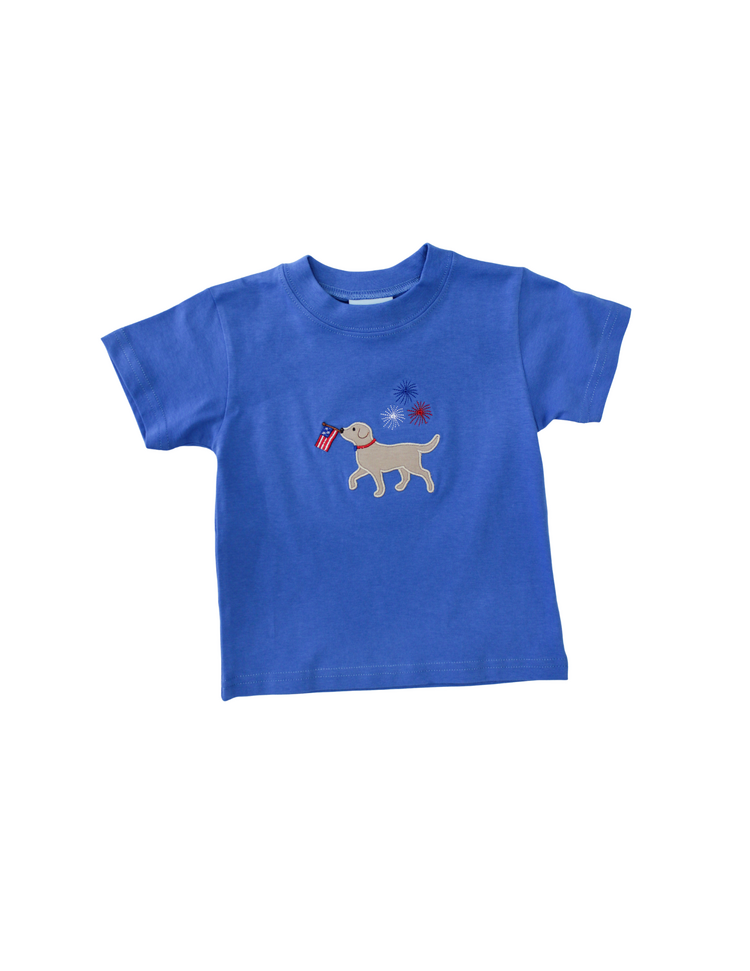 The Smiley Crab Blue Shirt Dog w/Flag & Sparklers