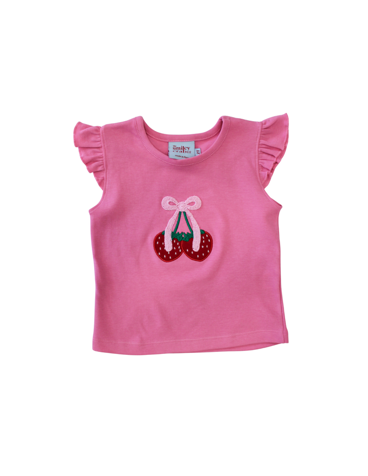 The Smiley Crab Pink Flutter Sleeve Strawberry w/Bow Shirt