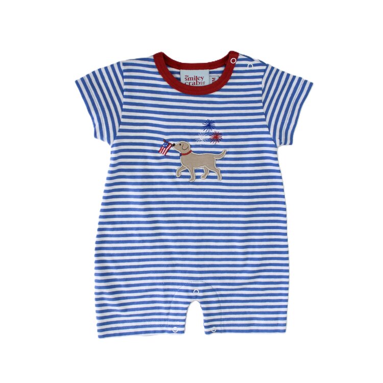 The Smiley Crab Dog w/Flag & Sparklers Blue Stripe Romper