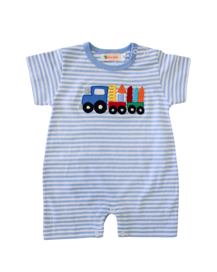 Luigi Kids Blue Stripe Train w/ School Supplies Romper