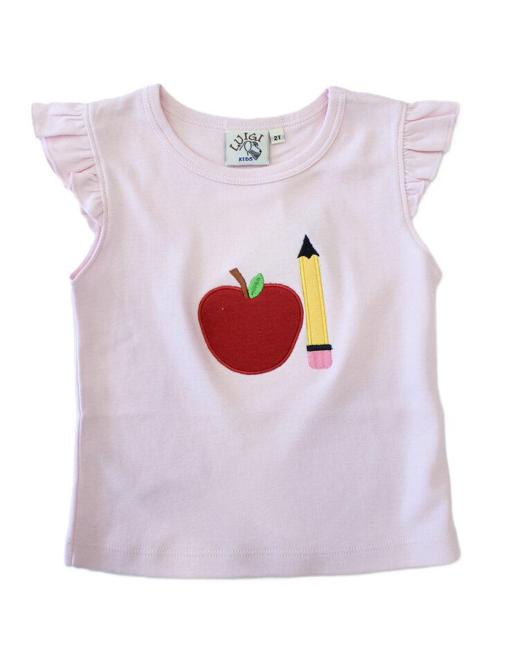 Luigi Kids Pink Flutter Sleeve Apple & Pencil Shirt
