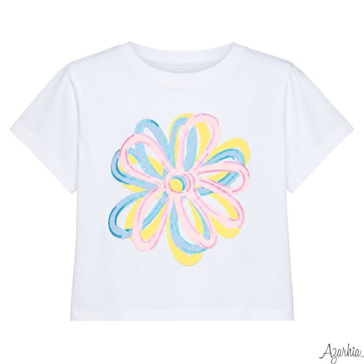Azarhia Glitter Puffy Flowers White Boxy Tee