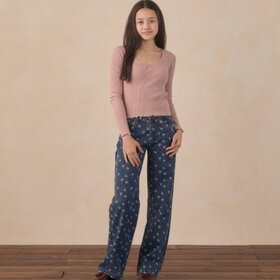Rylee + Cru LLC Heart Ditsy Baggy Wide Leg Denim Pants