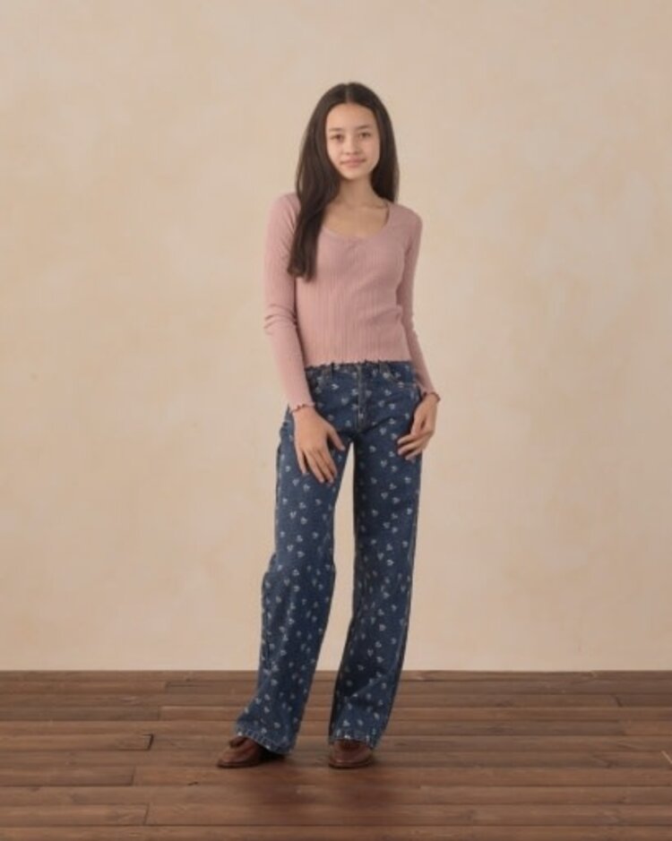 Rylee + Cru LLC Heart Ditsy Baggy Wide Leg Denim Pants