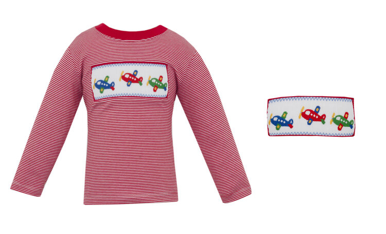 Anavini Red Stripe Smocked Airplane Shirt