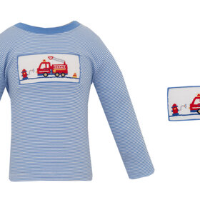 Anavini Blue Stripe Smocked Firetruck Shirt