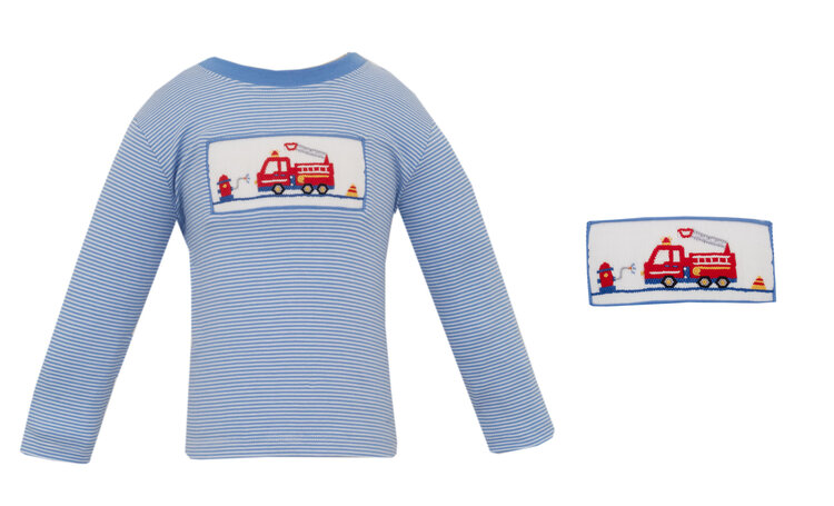 Anavini Blue Stripe Smocked Firetruck Shirt