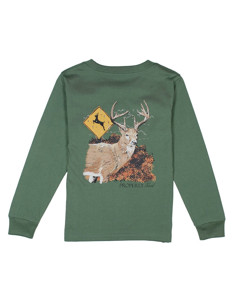 Properly Tied Deer Crossing Fern Green LS Tee