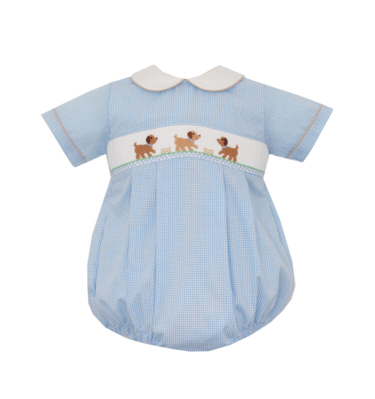Petit Bebe Blue Gingham Smocked Pupy Bubble