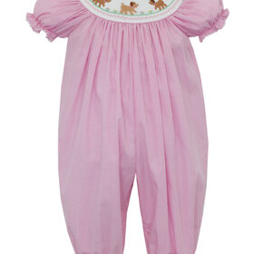 Petit Bebe Pink Gingham Smocked Puppy Romper