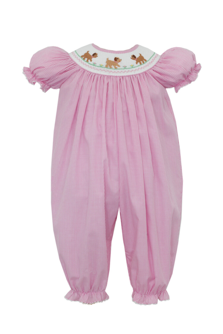 Petit Bebe Pink Gingham Smocked Puppy Romper
