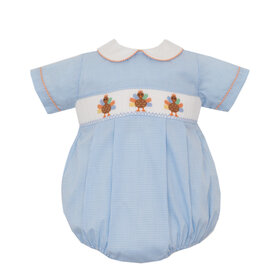 Petit Bebe Blue Gingham Boy Smocked Turkey Bubble