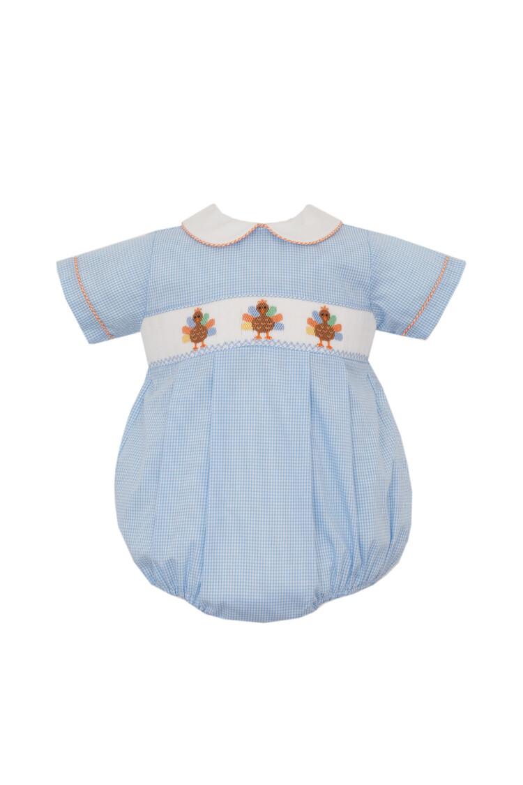 Petit Bebe Blue Gingham Boy Smocked Turkey Bubble