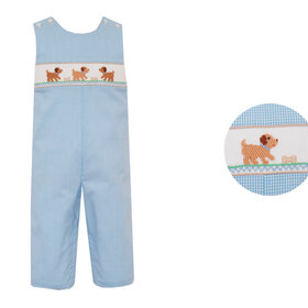 Petit Bebe Blue Gingham Smocked Puppy JohnJohn
