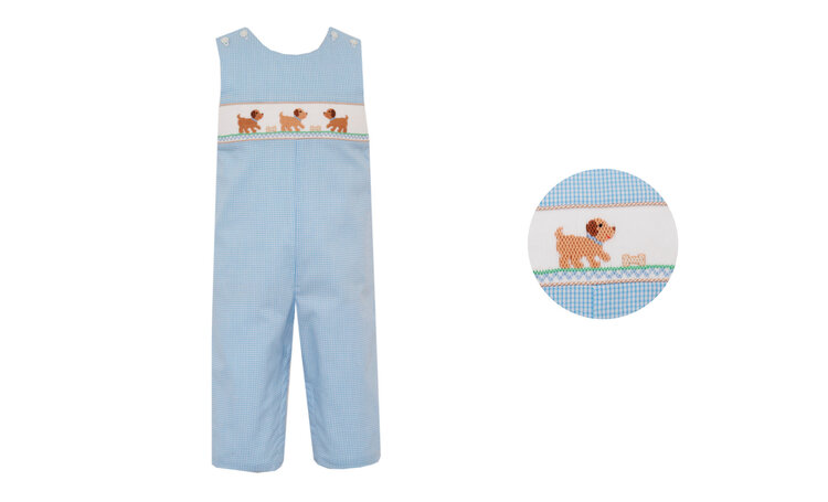 Petit Bebe Blue Gingham Smocked Puppy JohnJohn