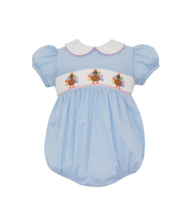 Petit Bebe Blue Gingham Girl Smocked Turkey Bubble