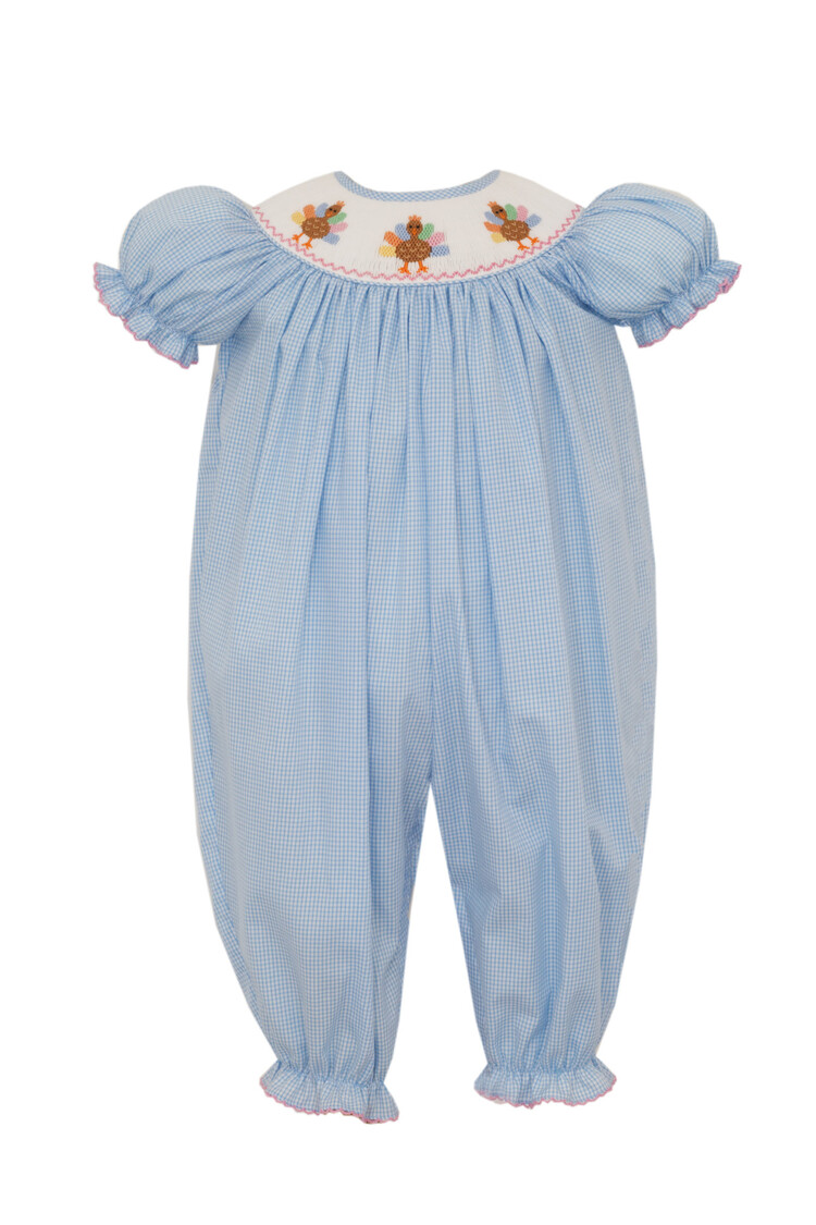 Petit Bebe Blue Gingham Girl Smocked Turkey Romper
