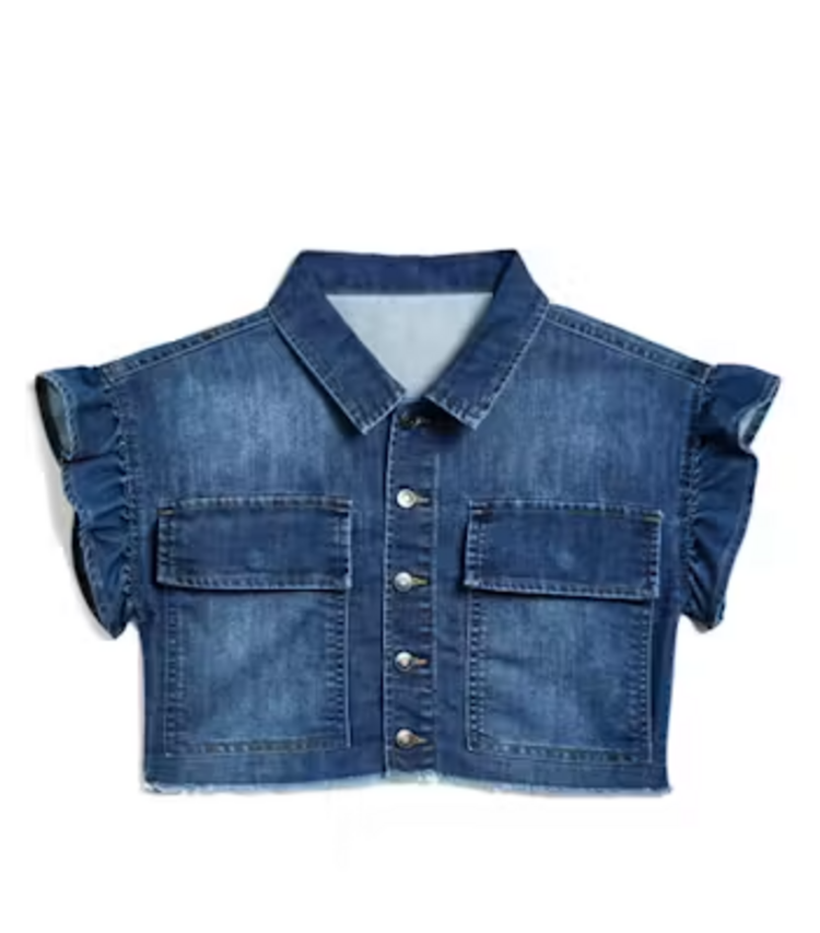 Tractr Denim Ruffle Sleeve Crop Top