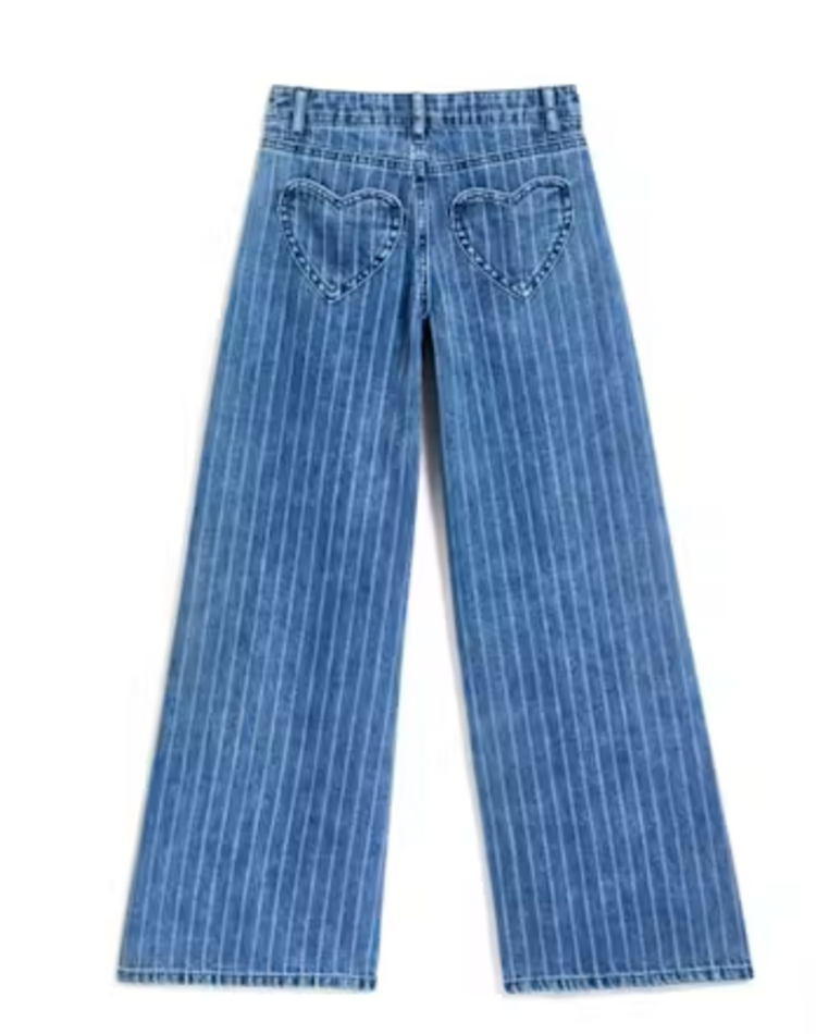 Tractr Heart Patch Pocket Striped Wide Leg Jean