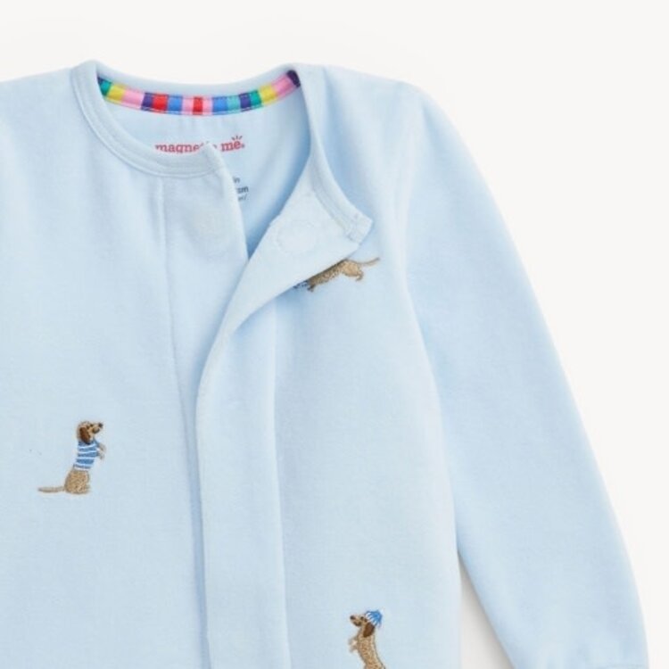 Magnetic  Me EMBROIDERY DOGS BLUE VELOUR FOOTIE