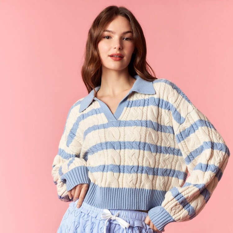 Peach Love Dusty Blue Stripe Collar Sweater