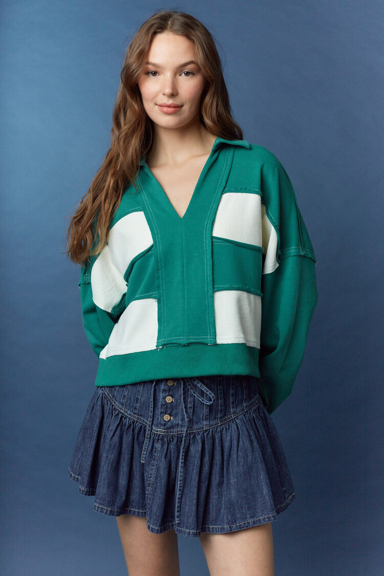 Peach Love Green White Block Collar Sweatshirt