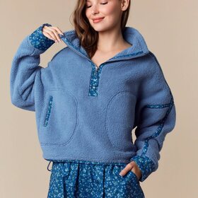 Peach Love Blue Fleece Floral Trim Pullover