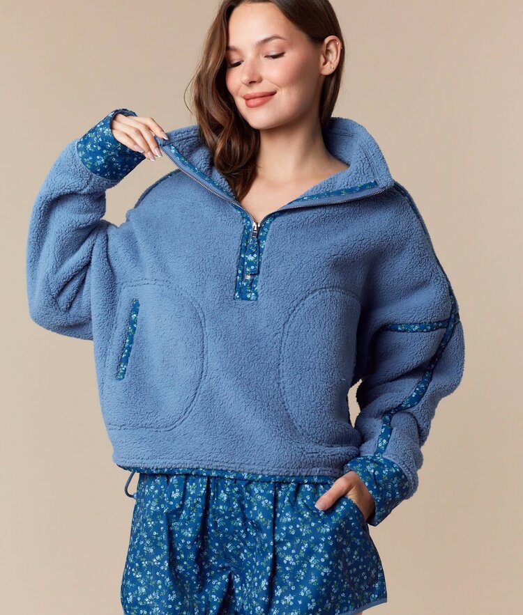 Peach Love Blue Fleece Floral Trim Pullover