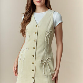 Peach Love Cream Bow Detail Corduroy Vest Dress