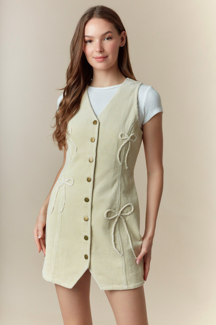Peach Love Cream Bow Detail Corduroy Vest Dress
